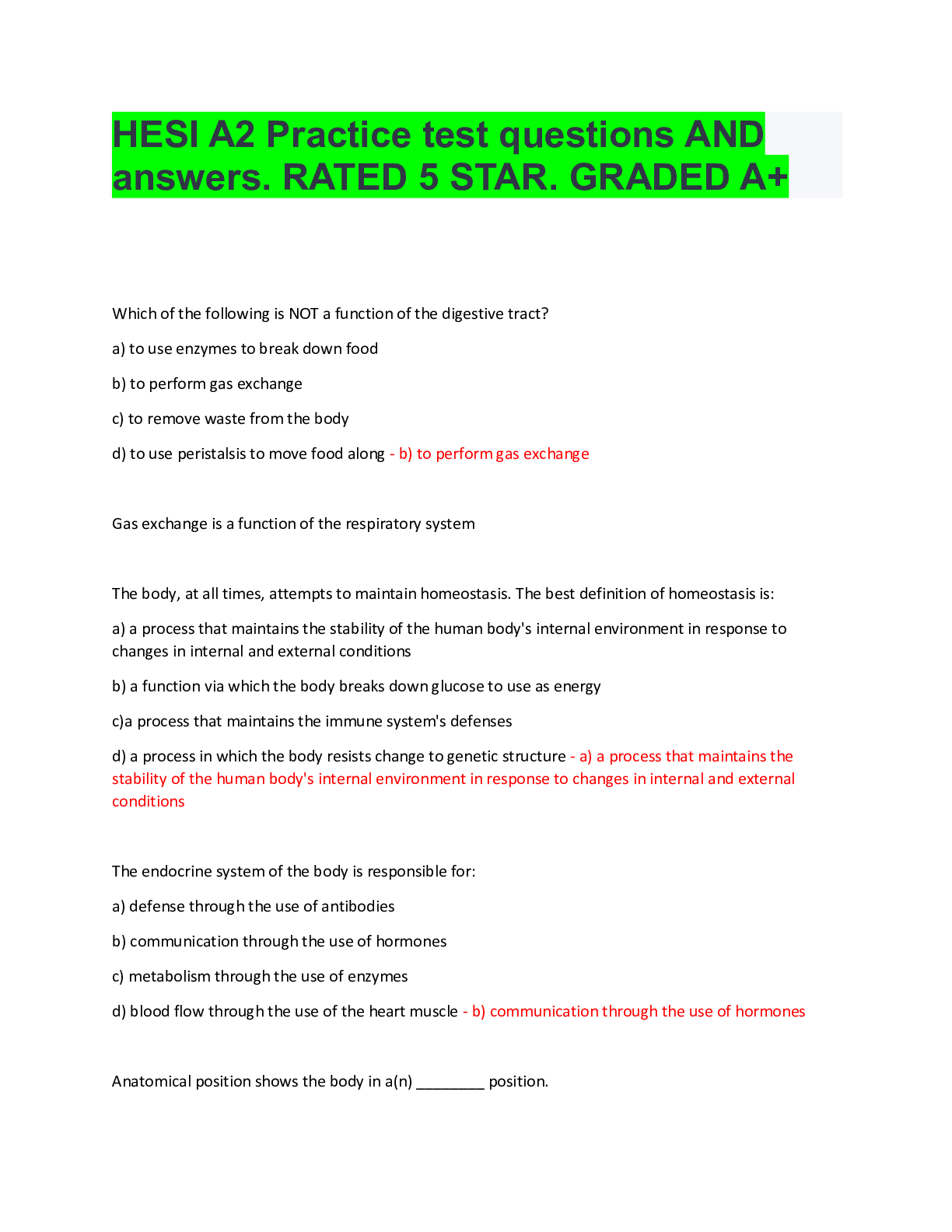 Preview of HESI A2 Practice test questions AND answers. RATED 5 STAR. GRADED A+.